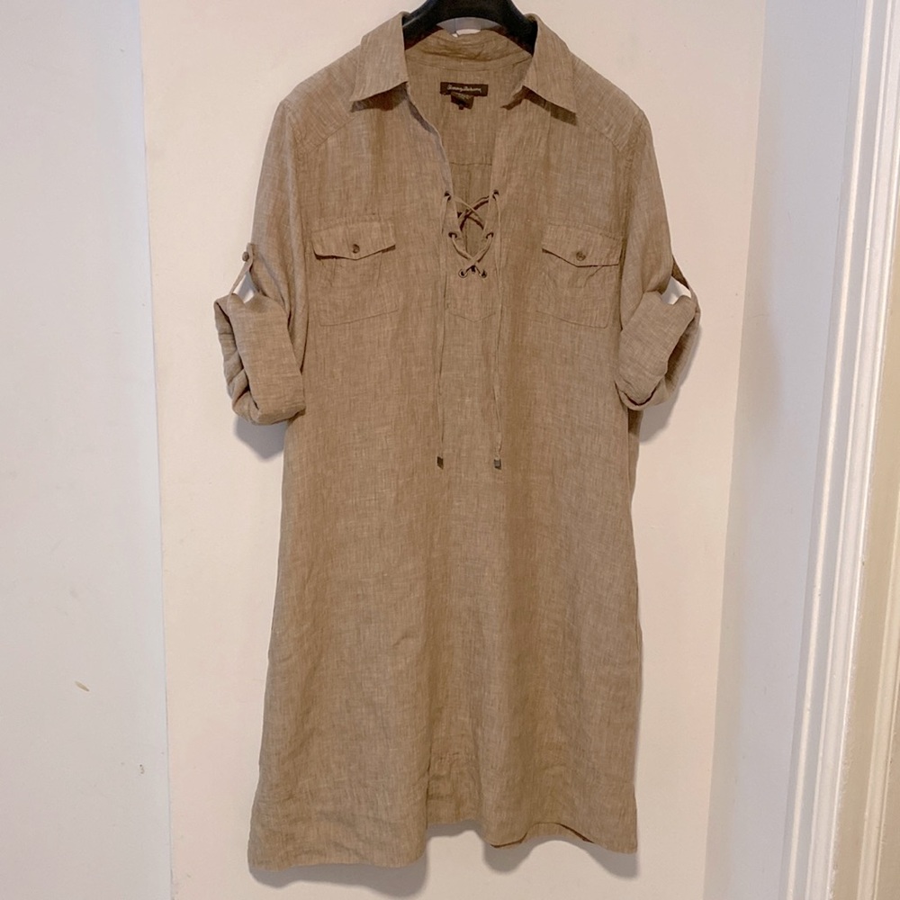 Tommy Bahama Beige Linen Mini Dress with Lace-Up Front